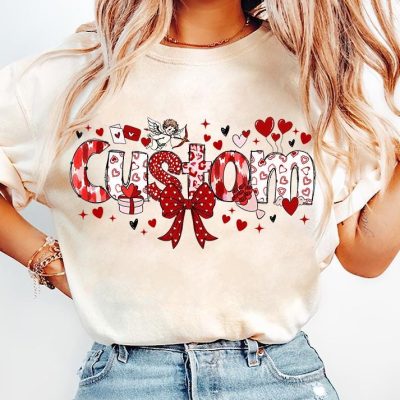 Valentine Coquette Heart Bow T-Shirt - Custom Name Design