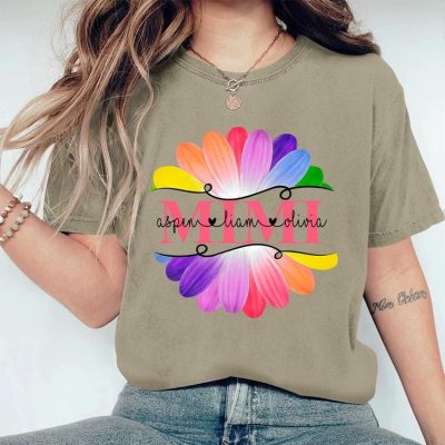 Custom Mimi & Grandkids Flower Rainbow Shirt - Personalized Family Tee