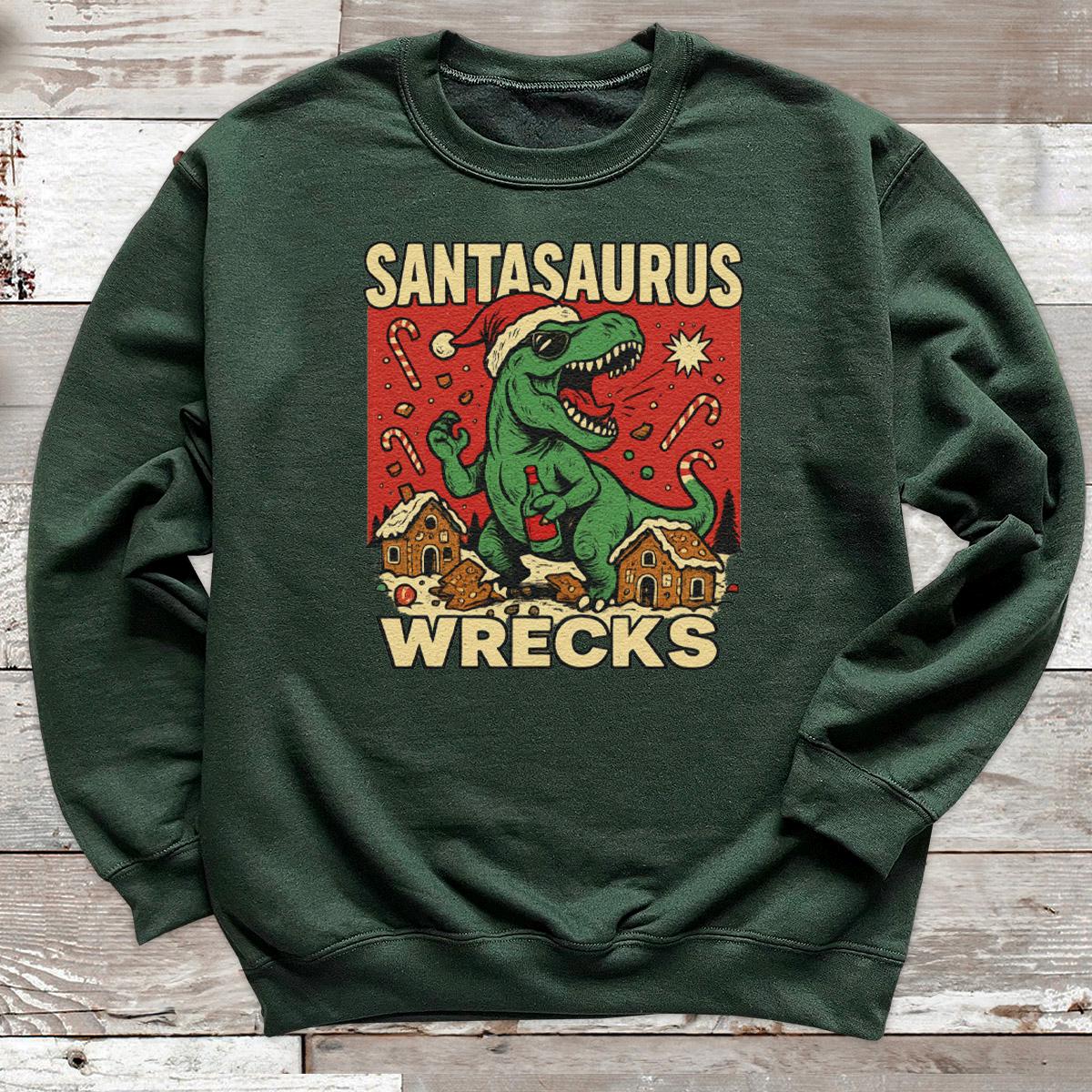 Santasaurus Wrecks Christmas Sweatshirt - Dinosaur Holiday Design - Image 2