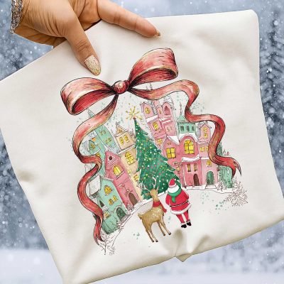 Vintage Christmas Sweatshirt with Coquette Bow & Santa Design