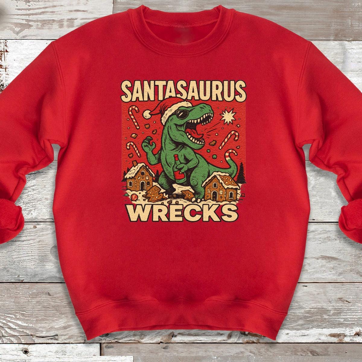 Santasaurus Wrecks Christmas Sweatshirt - Dinosaur Holiday Design - Image 3