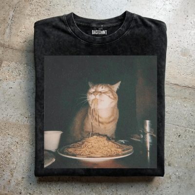 Spaghetti Cat Vintage Wash Italian Funny Retro Graphic T-Shirt